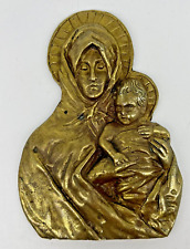 Brass Madonna Virgin Mother Mary Holding Baby Jesus Wall Hanging 4