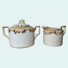 Antique 1910 Handpainted Nippon Sugar w/Lid & Creamer Pink Yellow Floral & Gold picture
