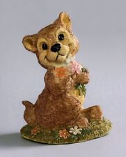 Vintage Resin Sitting Brown Bear Holding Flowers Figurine Cartoonish Smile 4.5” picture