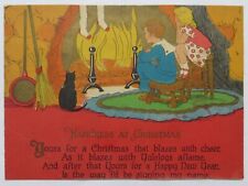 Art Deco Christmas Card-CHILDREN SAILOR BOY GIRL CAT WATCHING THE FIREPLACE-Vtg picture