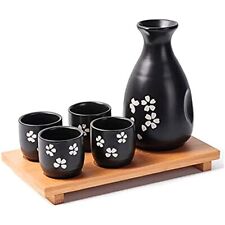 Japanese Sake Set Traditional Cherry Blossom 1 Bottle 4 Cups Bamboo Tray Sake picture