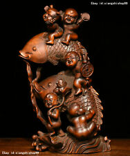 Chinese Folk Feng Shui Boxwood wood Carving Boy Tong Zi fish lucky animal Statue picture