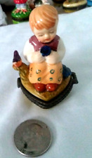 Vintage hand painted little girl figurine sitting birds trinket box HINGE BROKEN picture