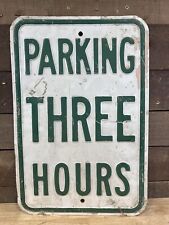 Vintage Heavy Metal Embossed Three Hour Parking Street Sign picture
