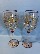 Two Pier 1 Jubliance-Hand Pained Gold Glitter & Red Wine Glasses 9 1/4