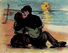 1906 MOON FACE KISSING COUPLE BEACHSIDE ANTLERS ARTIST SIGNED POSTCARD 39-59 picture