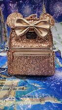 2019 Disney Parks Loungefly Minnie Mouse Sequin Rose Gold Mini Backpack NWT picture