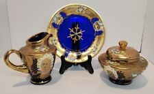 Antique Sugar & Creamer Applied High Relief Flowers Gold Gilded Cobalt Czech picture