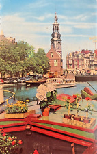 Postcard Flower Market with Mint Tower, Amsterdam, Netherlands c1964 Vintage picture