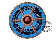 Blue Round Medieval Warrior Wooden Shield & Steel Viking shield Armor Templar picture