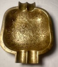 VTG Brass Ashtray Etched Floral Design 4”X 3.25” Made In India 1974 picture