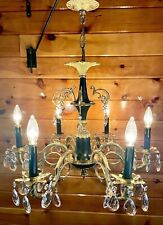 Antique/Vtg 1930's-50's Victorian Spanish/French Brass Crystal Black Chandelier picture