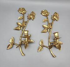 Vintage Set of 2 Brass Rose Candle Wall Sconces Pair 12