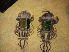 2 Vintage Sconce Patio Porch Lamps  Wrought Iron Spanish Style MCM Colored Glass picture