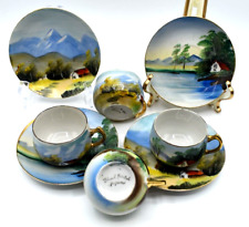 Vintage Hand Painted Demitasse Cup and Saucer, Set of 4, Mountain Lake Scene picture