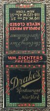 VINTAGE DRAKE’S RESTAURANT MATCHBOOK COVER, 42nd/43rd. ST., NEW YORK picture