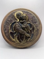 Antique Madonna and Child Tondo Wall Plaque 11” Gilt Halo Religious Relief picture