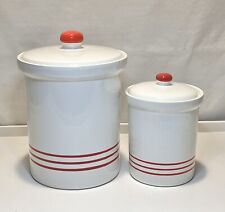 Vintage MCM Ceramic Canisters White Red Stripe Made In Italy Hand Painted Retro picture