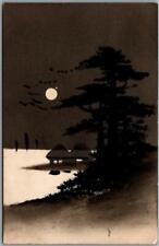 Vintage 1909 JAPAN Japanese Art Postcard HAND-PAINTED Lake Scene / Black Paint picture