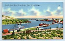 Postcard Boat Traffic in Grand Haven Harbor, Grand Haven MI linen L77 picture