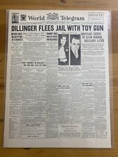 VINTAGE NEWSPAPER HEADLINE ~GANGSTER JOHN DILLINGER ESCAPES JAIL w/ TOY GUN 1934 picture