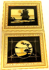 VTG Silhouette Pair Ship w Moon & Tree on Glass Black Gold Pictures Framed picture