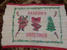 Vintage 60s Mid Century Christmas printed Woven Rag Rug Seasons Greetings Santa  picture