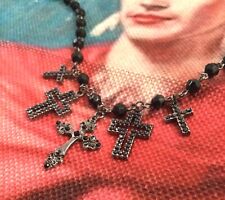 Vintage Mod Gothic Jet Black Glass Bead Silver Cross Pendant Goth Necklace picture