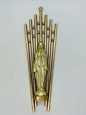 Vintage Mid-Century Modern Brass Madonna Wall Plaque Shrine Sunburst Rhinestone picture