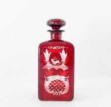 EXQUISITE FRENCH CRANBERRY ETCHED GLASS DECANTER CATHEDRAL & BUCK DESIGN picture