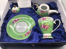 Vintage SORELLE Fine Porcelain Tea Set For One Green With Flowers Gold picture