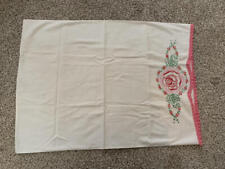 Vintage Linens White Embroidered Pillowcase Pink Green Floral Embroidery 20 x 28 picture