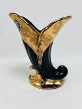 Vintage Savoy China 24K Gold Trim Black Cornucopia Vase picture
