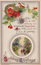 Vintage Birthday Greetings Postcard 1910 Family Country Path Lucky Horseshoe picture