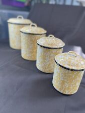 4 Vintage Canisters Splatterware Yellow White Enamel Ware EPC picture