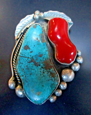 Vintage Navajo Large turquoise & Large Coral Pendant Pin Sterling Silver Signed picture