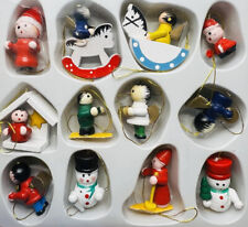 Vintage Lot of 12 Classic Mini Wooden Xmas Tree Ornaments Hand Painted Holiday picture