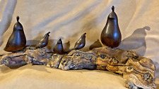Dark Walnut Quail Family (5) Hand Carved Sit on 16” Burled Limb 7” H Rich Brown picture