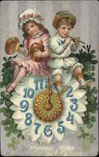New Year Muiscal Instruments Flower Clock Fantasy c1910 Vintage Postcard picture