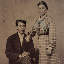 Intelligent Young Plaid Couple Tintype c1870 Antique 1/9 Plate Photo Woman A1251 picture