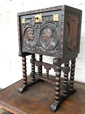 Antique Spanish rare wood carved medieval style miniature cabinet portraits picture