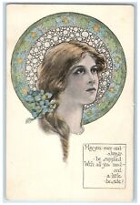 c1910's Pretty Woman Curly Hair Flowers Art Nouveau Enfield Hants NS Postcard picture