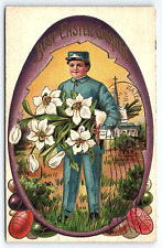 1915 EASTER WISHES SOLDIER BOY WITH LILLIES HEAVILY EMBOSSED POSTCARD P2501 picture