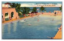 HOLLYWOOD-BY-THE-SEA Florida FL ~ MUNICIPAL OUTDOOR POOL~Beach ca1940's Postcard picture