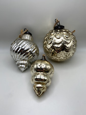 Lot of 3 Vintage Silver and Gold Thick Glass Holiday Ornaments picture