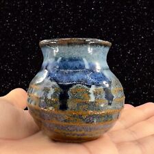 Hand Made Art Pottery Bud Vase Stoneware Blue Brown Drip Glaze Vase 2.5”T 2”W picture