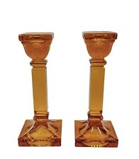 MCM Orange Candle Holders Etched Top Square Bottom Glow, 8.5 In Tall 3.5 In Wide picture