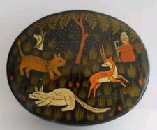 Vintage Kashmir India Lacquerware Box Paper Mache Hand Painted Animals picture