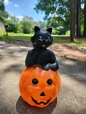 Vintage Molded Plastic One Piece Cat In Pumpkin Lid Up Halloween Decoration 34” picture