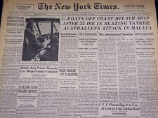 1942 JANUARY 20 NEW YORK TIMES - U-BOATS OFF COAST HIT 4TH SHIP - NT 1576 picture